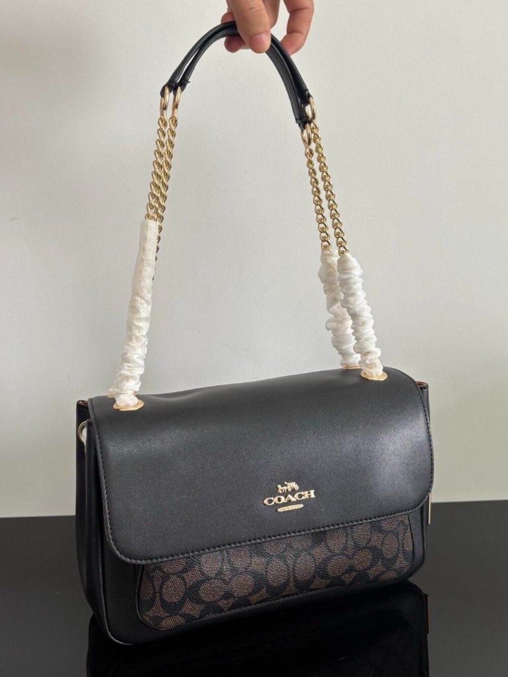 Mixed Media Flap Shoulder Bag, Black/Brown